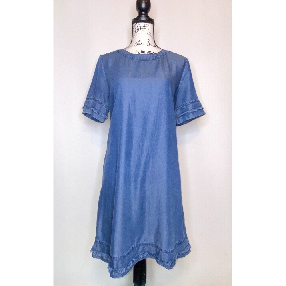GAP Denim Chambray Mini Shift Dress Women’s Small Raw Hem Exposed Zipper Casual